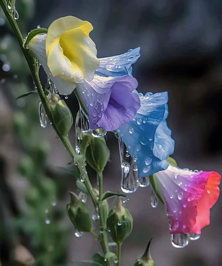 Colorful flowers with dew drops.