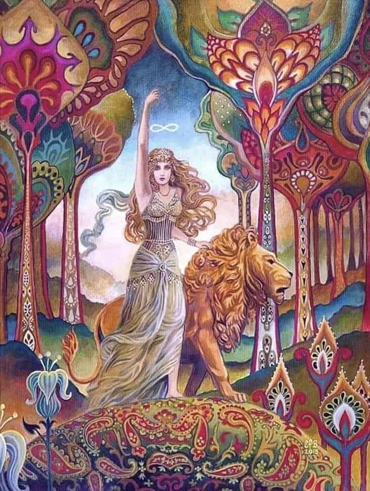 Colorful art of woman with lion in mythical forest.
