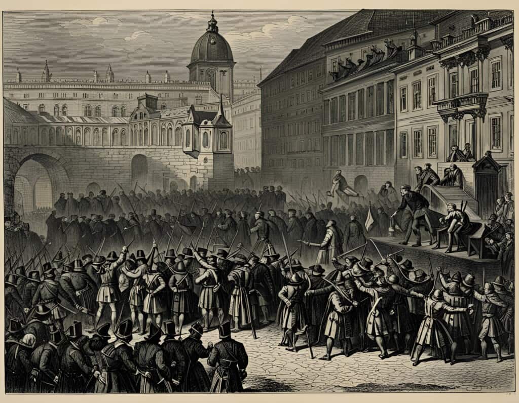 protestant nobles feeling their rights were being suppressed by the catholic habsburgs confronted catholic officials at prague