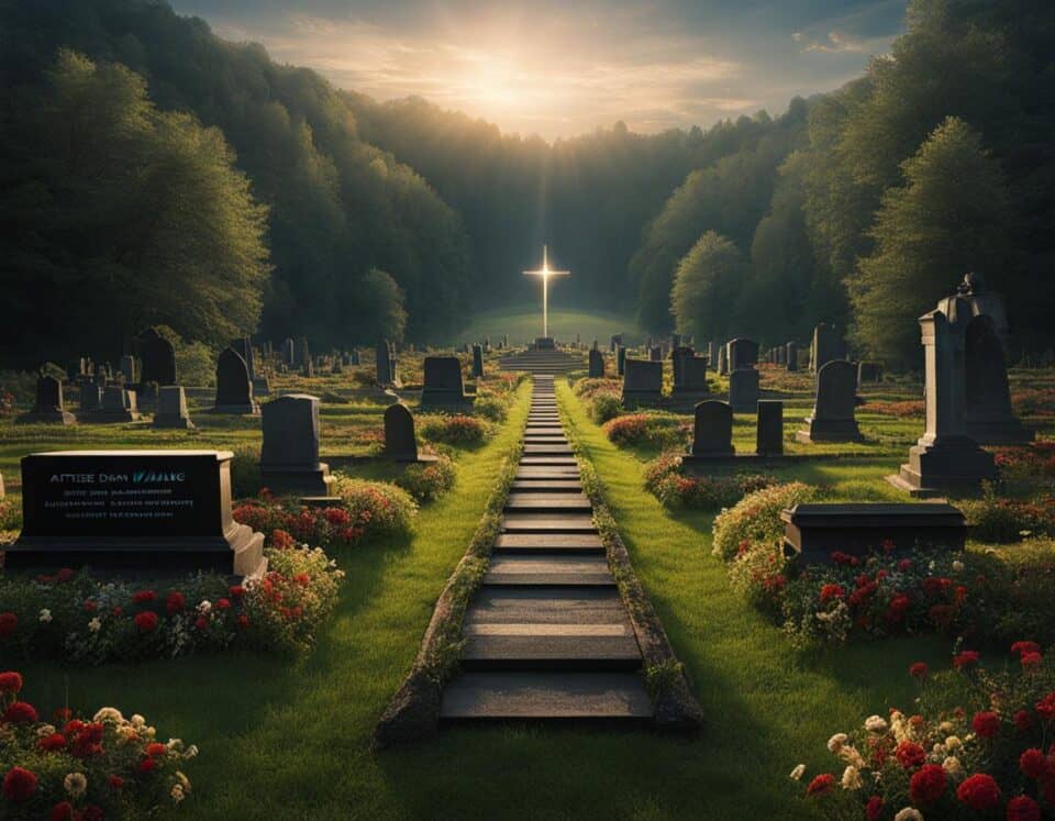 Sunrise illuminating peaceful cemetery with glowing cross.