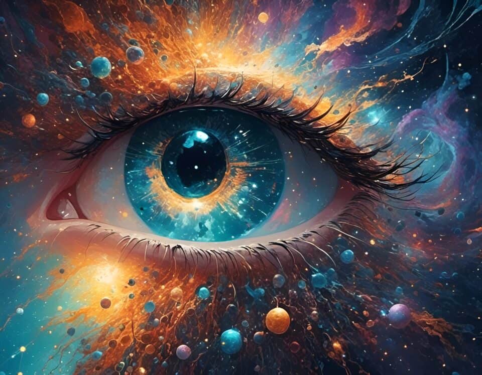 Cosmic-themed eye with galaxy colors and planets reflected.