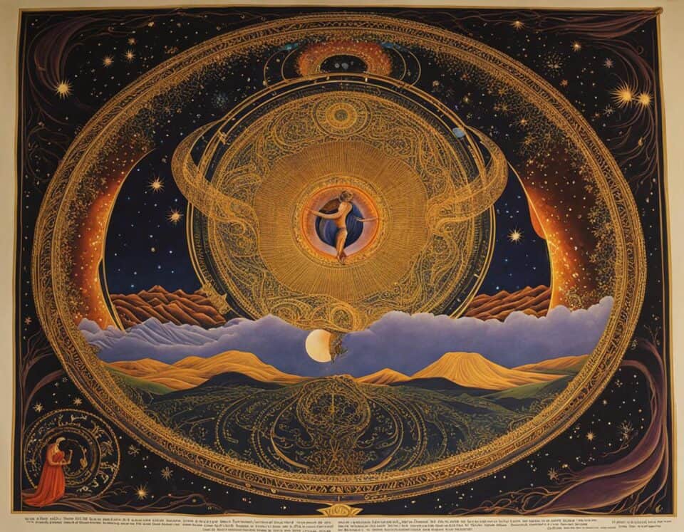 Cosmic art with stars, mountains, and celestial motifs.