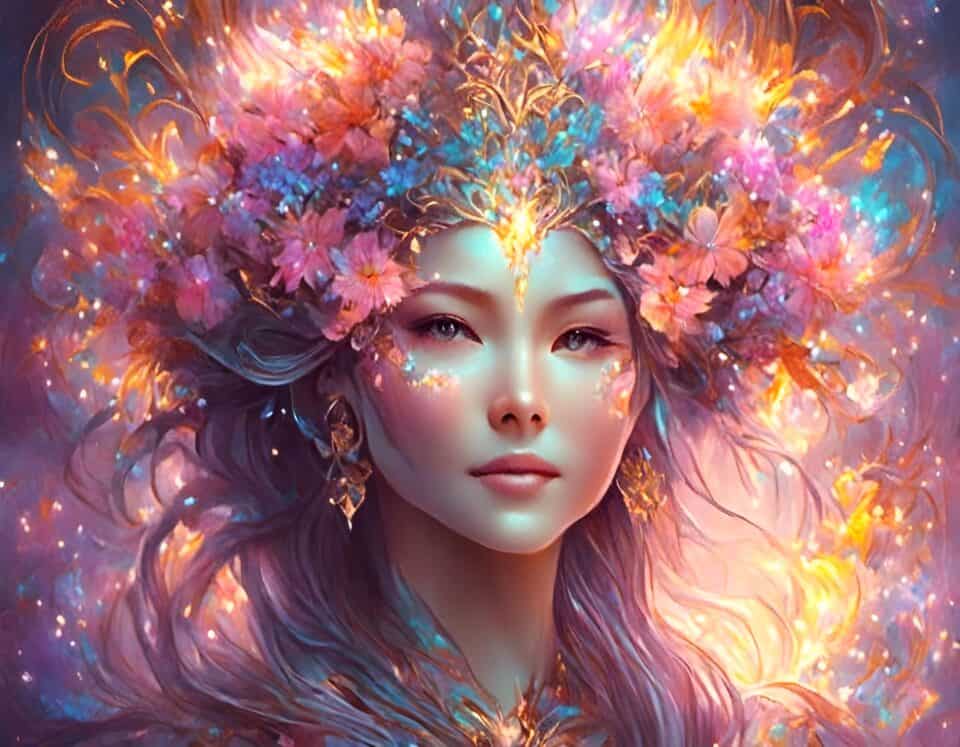 Fantasy floral queen illustration with glowing accents.