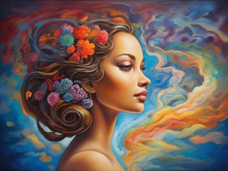 Surreal portrait of woman with floral hair in vibrant colors.