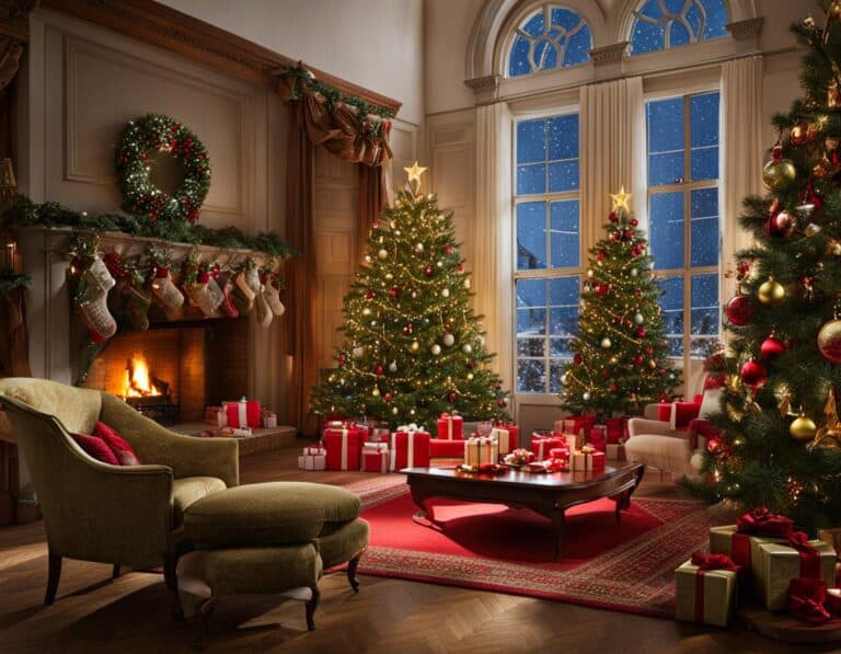 Cozy Christmas living room with tree and fireplace.