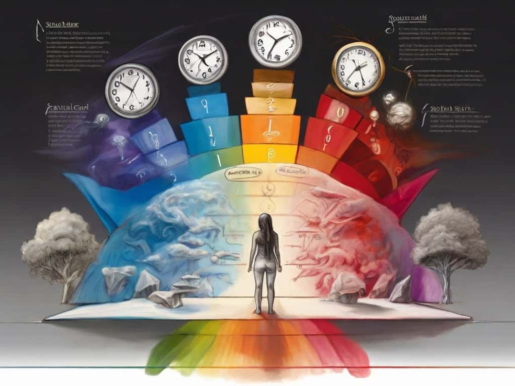 consciousness as a spectrum Surreal painting with clocks, person, trees, and brain illustration.
