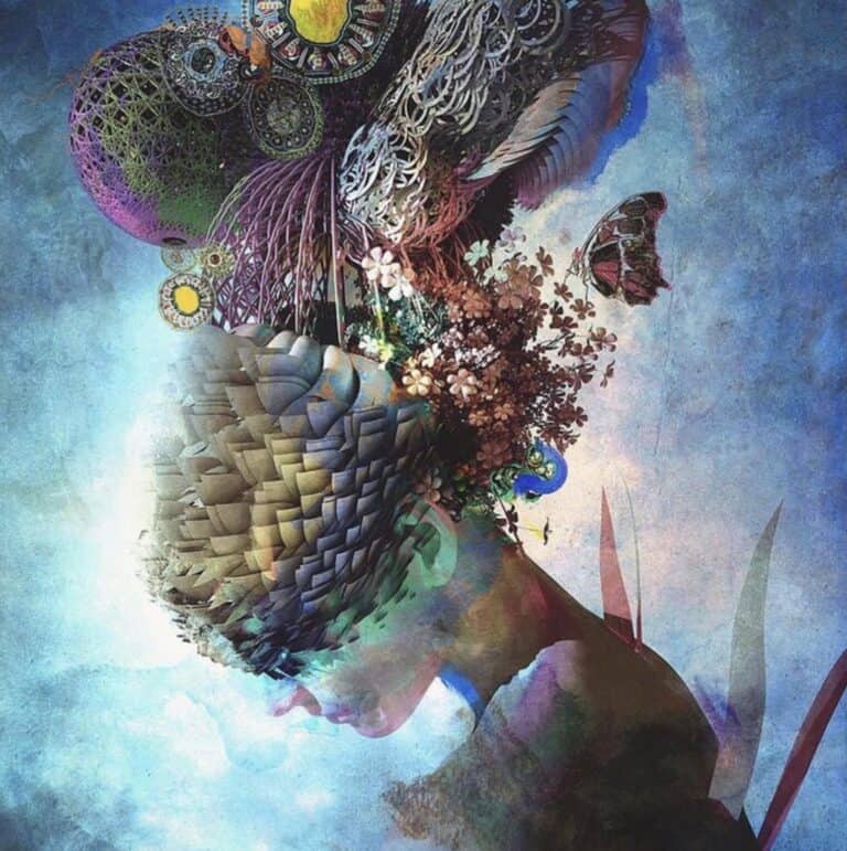 Colorful surreal artwork featuring woven basket and floral elements.