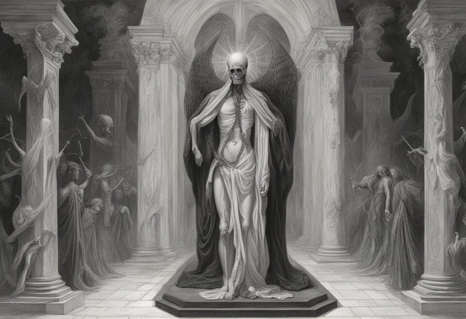 Gothic skeletal figure with wings among classical statues.