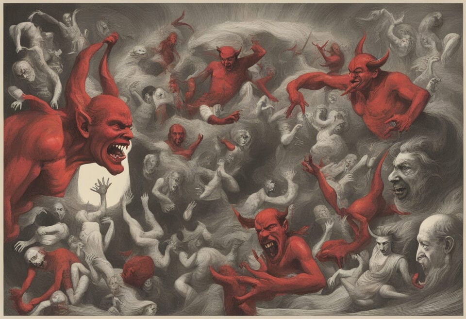 Illustration of red demons among tormented figures.