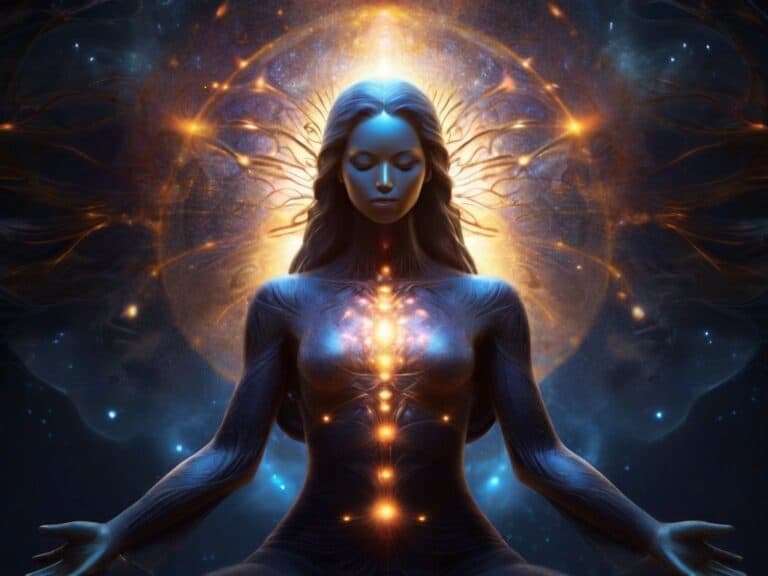 Mystical cosmic woman with glowing celestial energy.