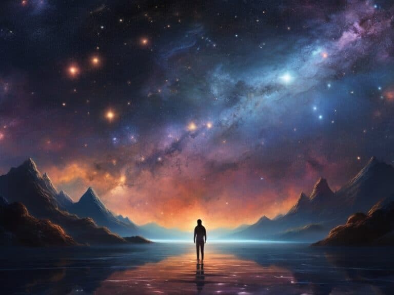 Person gazing at cosmic starscape over mountainous landscape