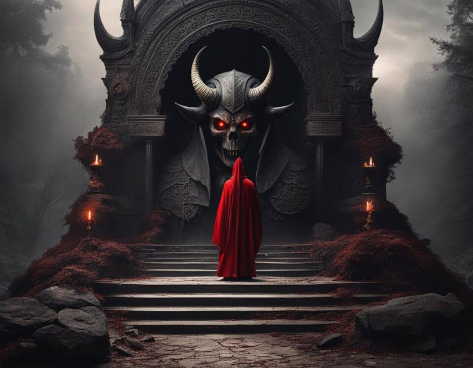 Figure in red cloak facing ornate demonic gate.