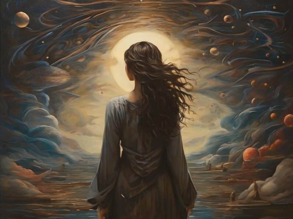 Woman gazing at surreal moonlit cosmic seascape.