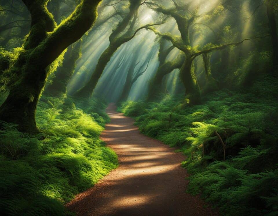 Sunlit forest path with mossy trees and ferns.