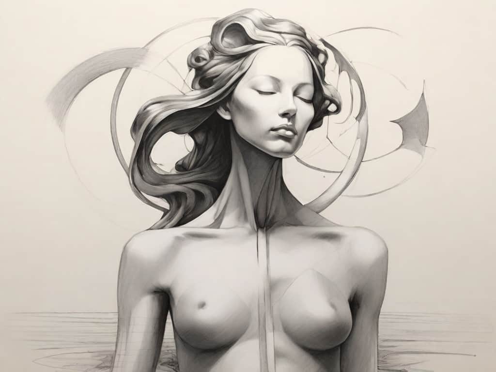journey through timelessness 1 Artistic sketch of a serene woman with abstract elements.