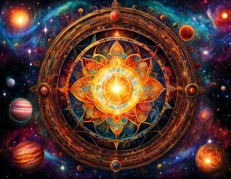Cosmic art with planets and intricate celestial mandala.