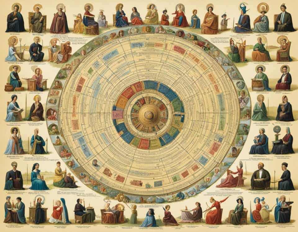 Historical figures surrounding intricate ancient cosmology chart.