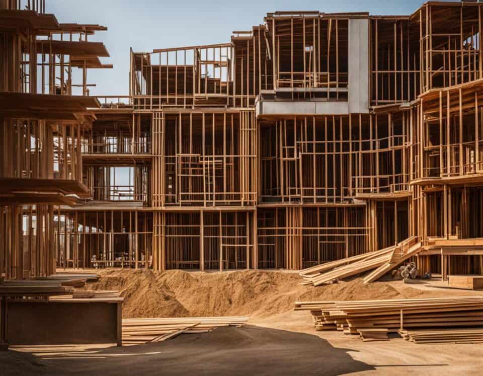 Wooden building frames at construction site.