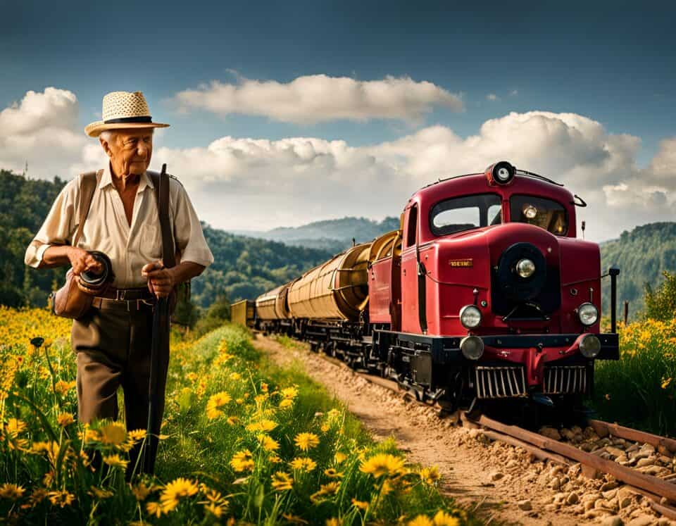 Elderly man near vintage train in countryside.