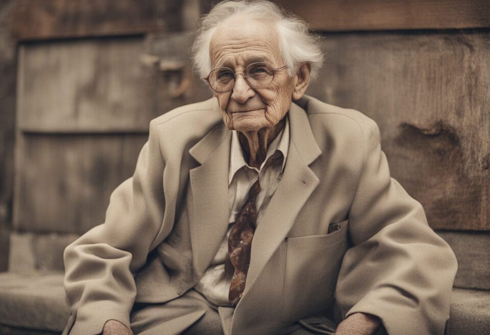 Elderly gentleman seated, vintage aesthetic.