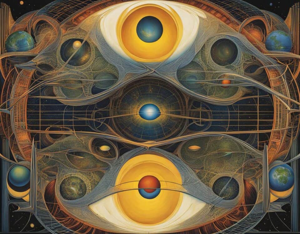 Abstract cosmic art with planets and geometric shapes.