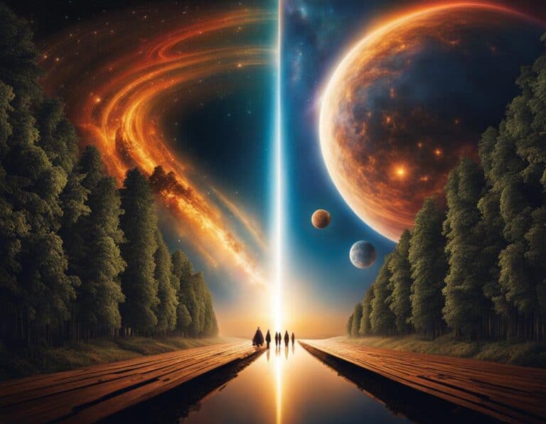 Surreal cosmic divide, planets, people on bridge, forest.