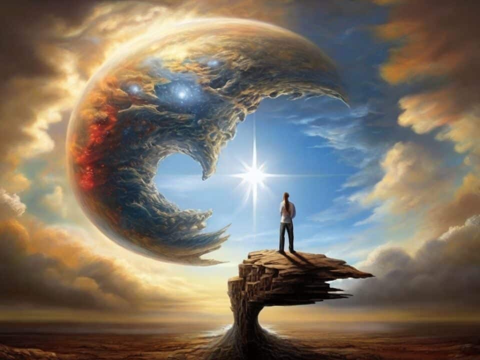 Person on cliff overlooking surreal planetary scene.