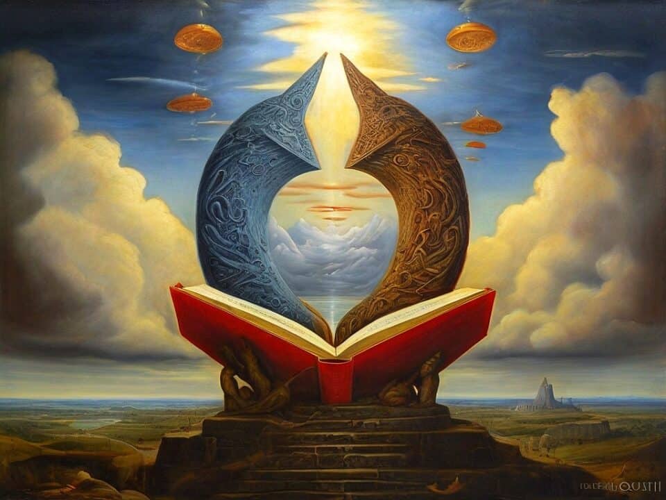Surreal painting of an open book with celestial landscape.