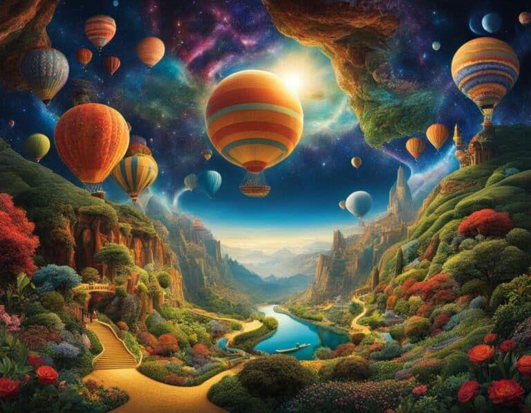 Fantasy landscape with hot air balloons and cosmic background.
