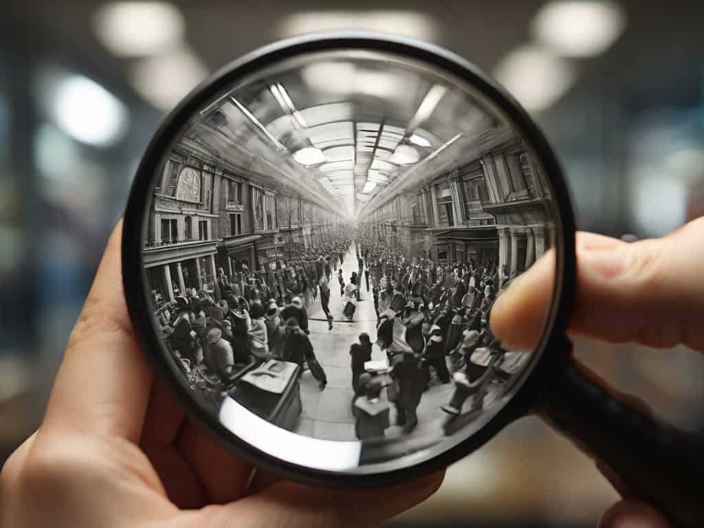 the focal point of perception Magnifying glass highlighting crowded train station scene.
