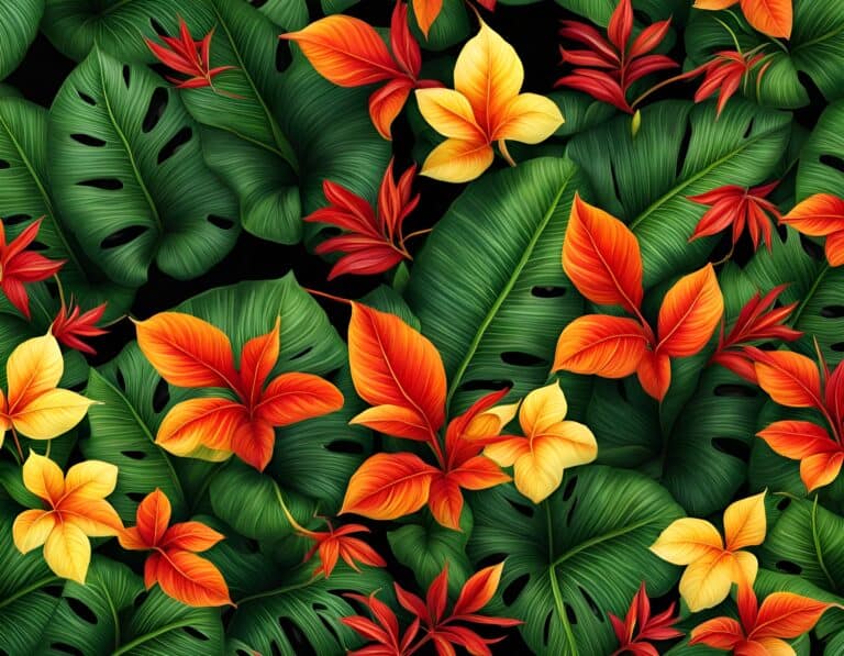 Tropical monstera leaves and vibrant hibiscus flowers pattern.