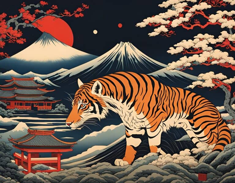 Japanese-style tiger illustration with Mount Fuji backdrop.