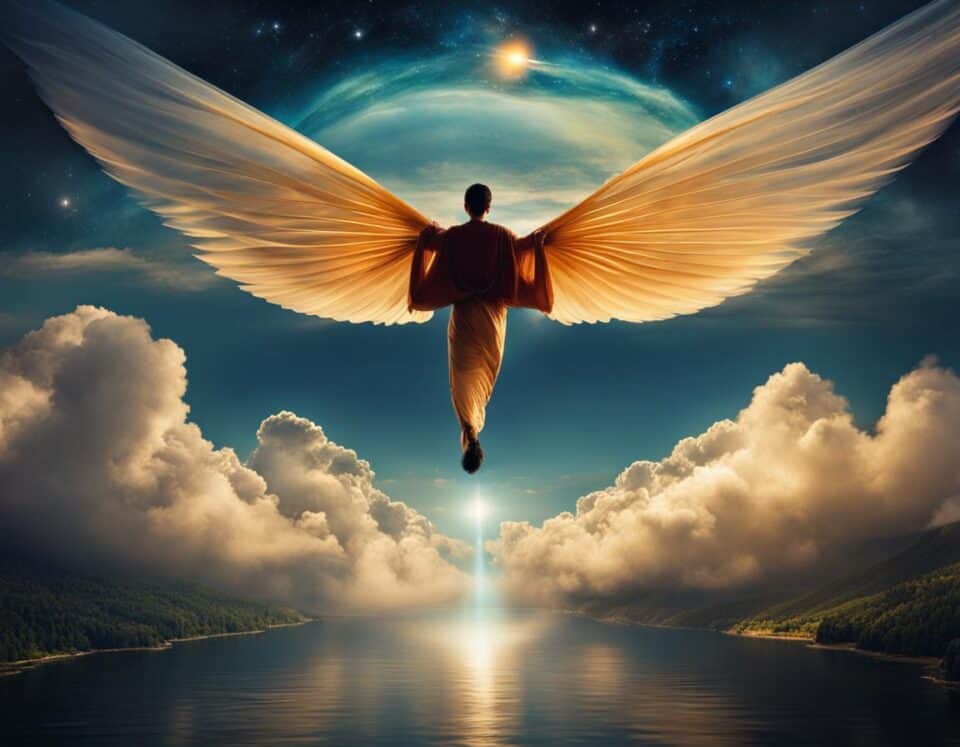 Person with wings flying over serene lake at sunset.