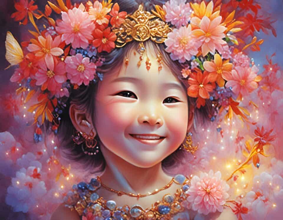 Smiling girl with floral headdress and sparkling jewels.