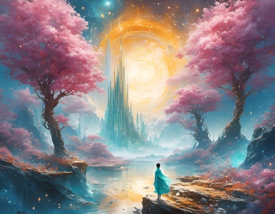 Fantasy landscape with pink trees and mystical glowing portal.