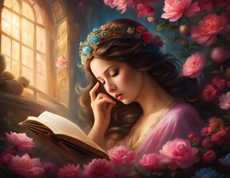 Princess reading book in floral setting.