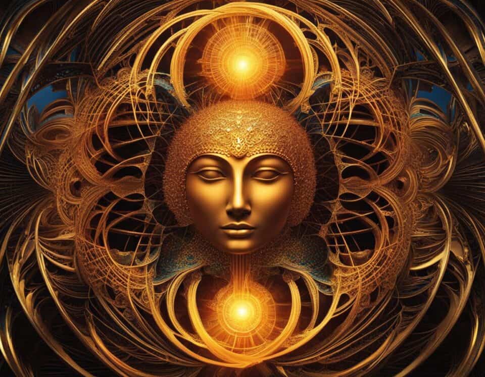 Artistic fractal design with serene golden face centerpiece.