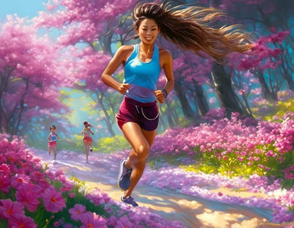Woman jogging through vibrant cherry blossom park.