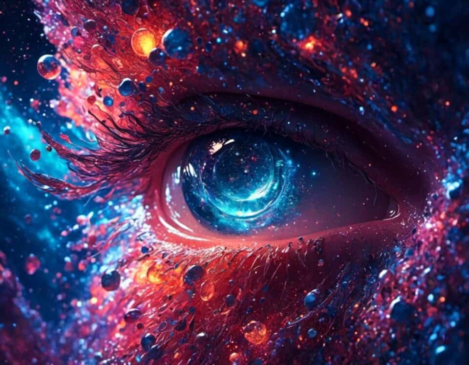 Cosmic-themed, vibrant eye with galaxy reflection and water droplets.