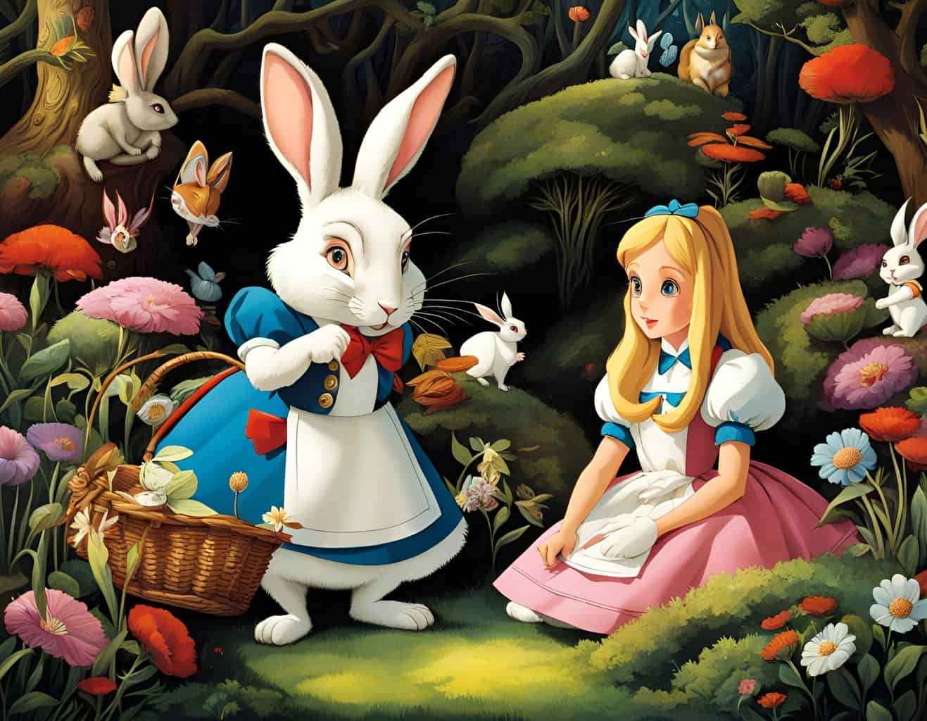 alice and the white rabbit Alice and white rabbit in enchanted forest illustration.