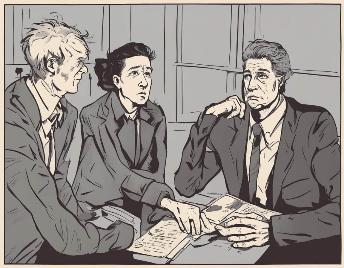 blaming others Three people discussing over documents in a meeting.