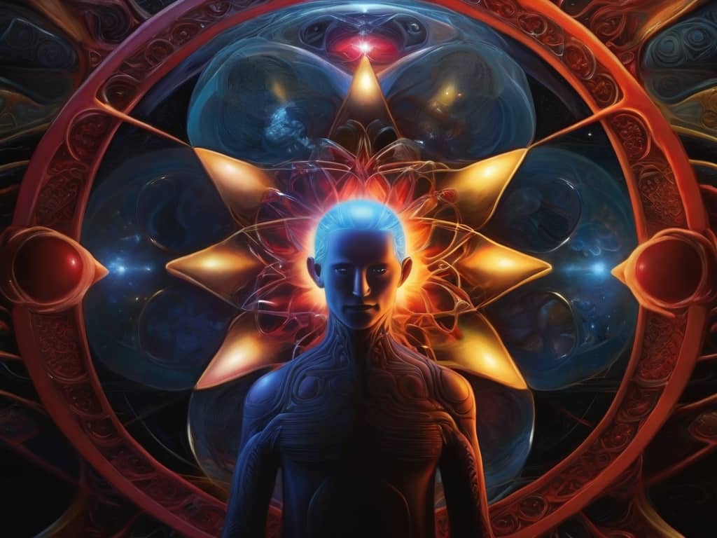 blending of quantum science and seths teachings Mystical artwork with cosmic elements and humanoid figure.