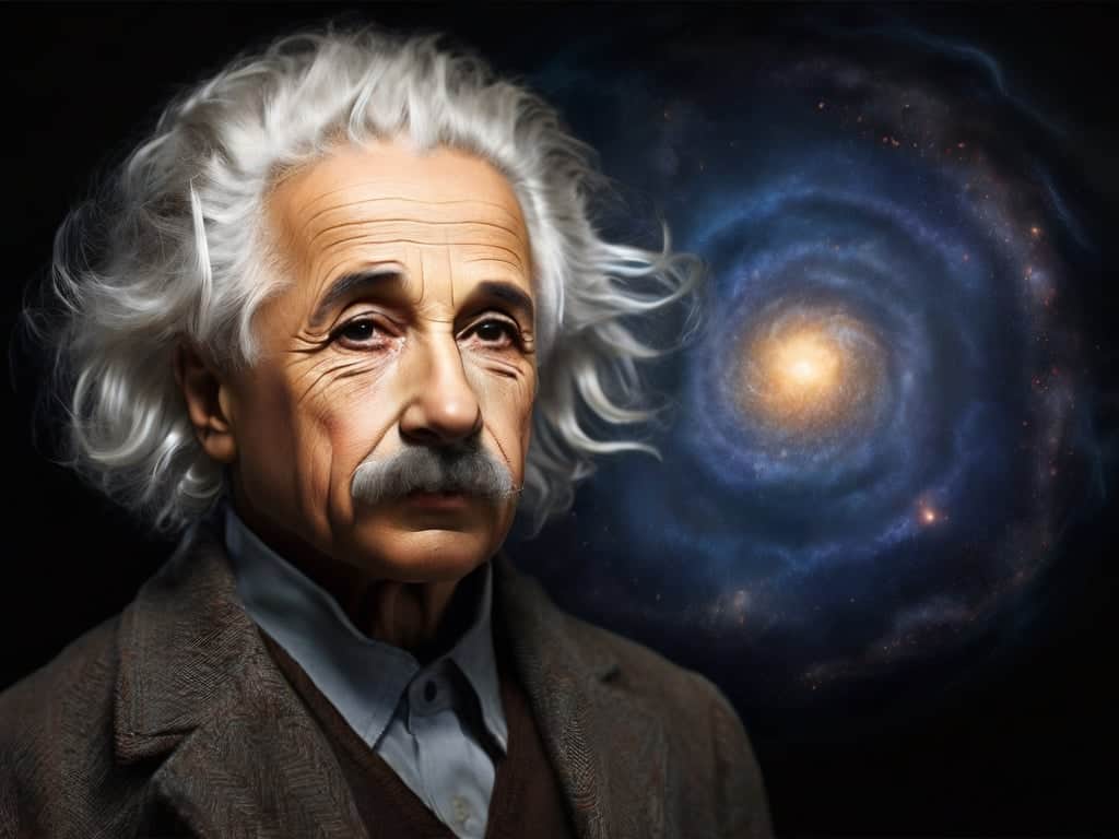 citations of albert einstein Portrait with cosmic background, evoking theoretical physics concepts.