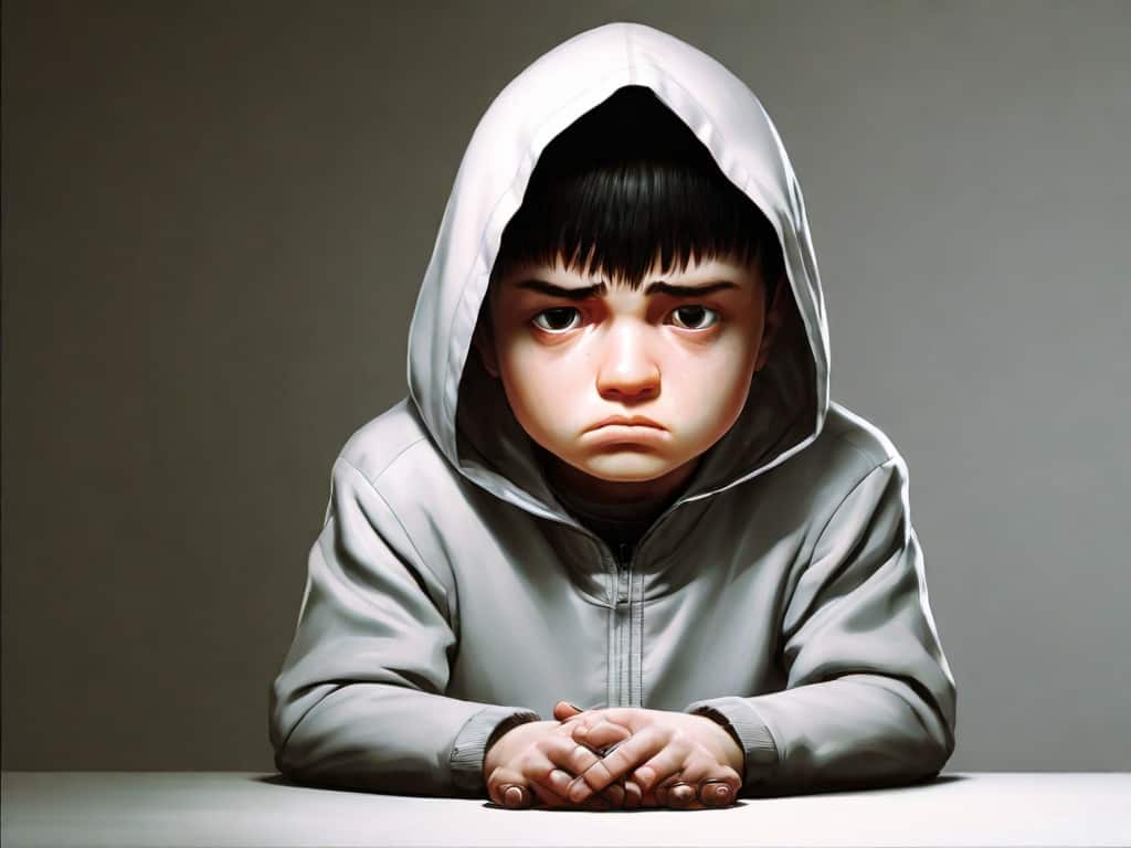 effort and determination Child in hoodie looking sad with folded hands.