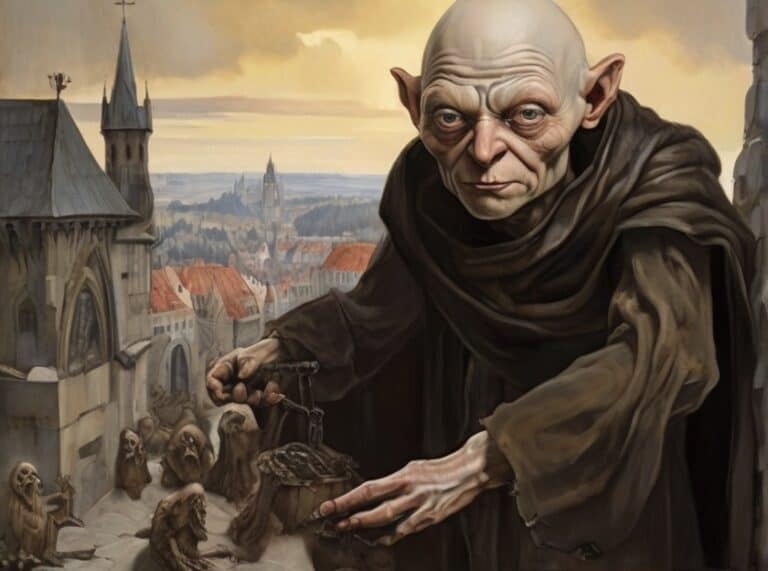 Fantasy monk with creatures in medieval cityscape painting.
