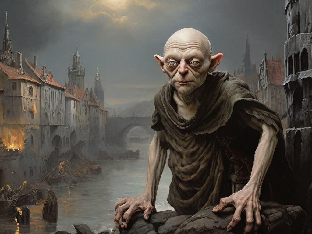 golum of prague | his legacy Fantasy creature in front of a medieval town and river.