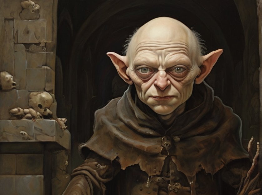 golum of prague | indomitable spirit and unparalleled might Fantasy creature with large ears in dark, skull-lined alcove.