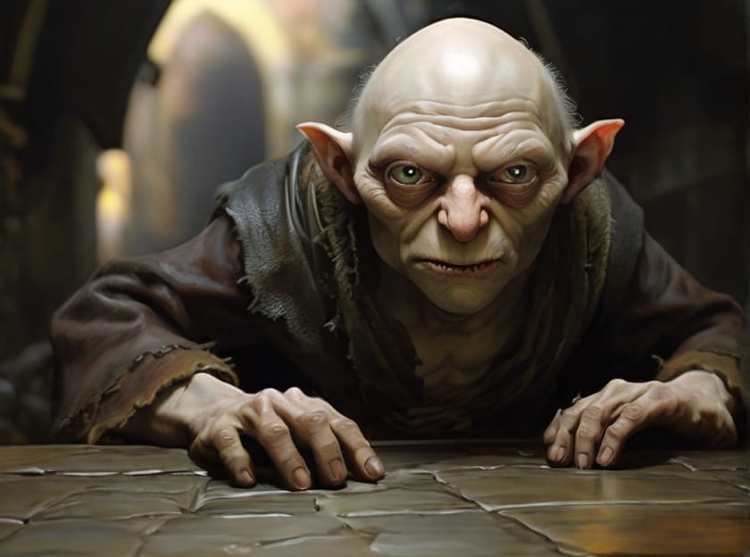 golum of prague | safeguard Fantasy creature crawling in a dimly lit corridor.
