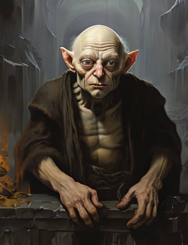 golum of prague | testament to mysticism and resilience Fantasy creature with large ears in a darkened chamber.