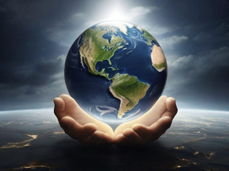 Hands cradling Earth against stormy sky.
